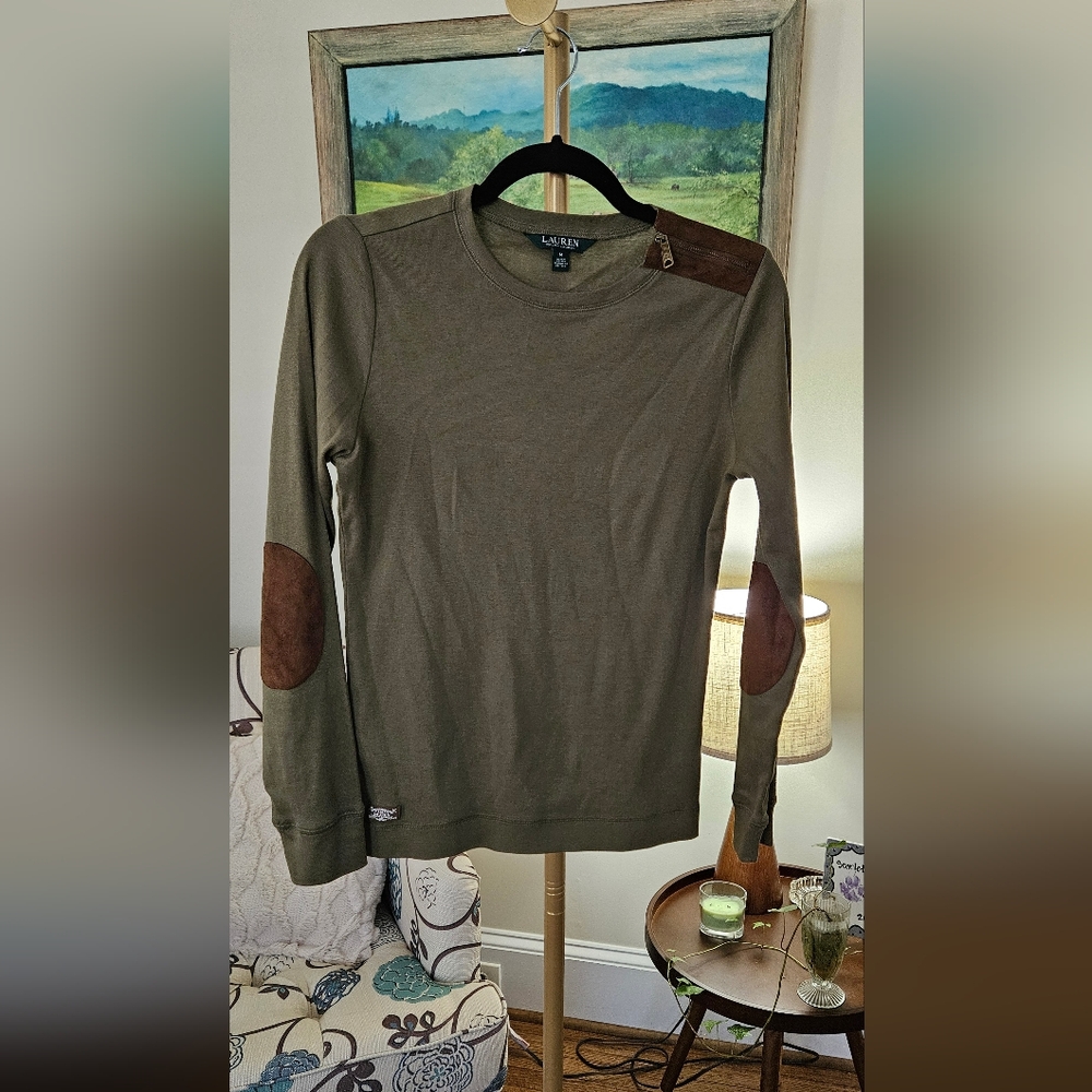 Lauren by Ralph Lauren Longsleeve Tshirt with shoulder Zipper and Elbow Patches
